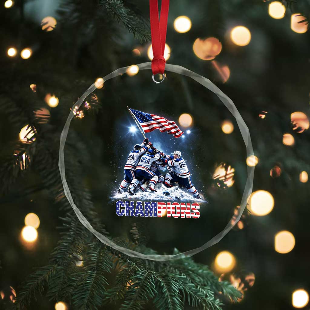 USA Ice Hockey Crystal Glass Ornament Hockey Champions 2026 USA Players Raising Flag On Ice