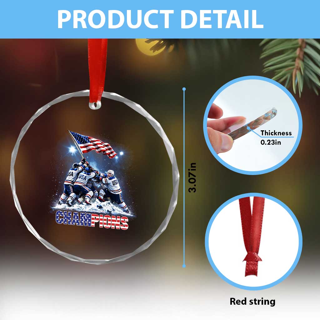 USA Ice Hockey Crystal Glass Ornament Hockey Champions 2026 USA Players Raising Flag On Ice