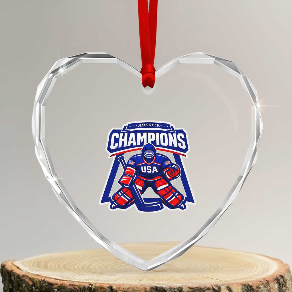 USA Ice Hockey Heart Crystal Glass Ornament America Champions Patriotic Ice Hockey Team Fan
