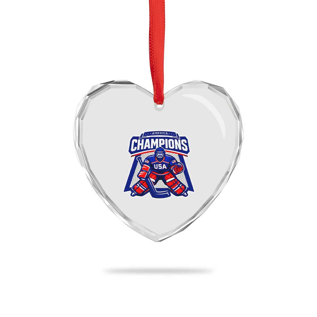 USA Ice Hockey Heart Crystal Glass Ornament America Champions Patriotic Ice Hockey Team Fan