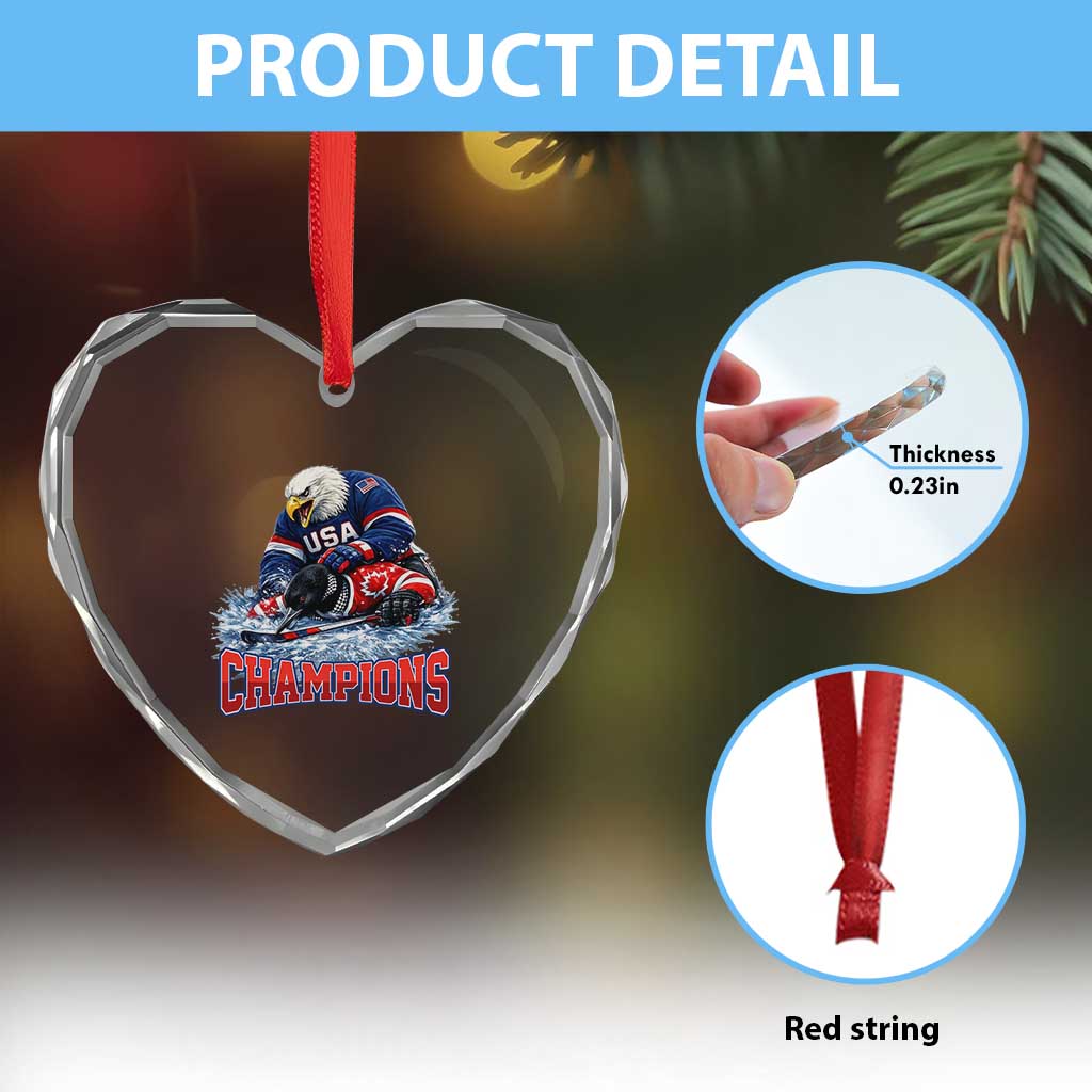 USA Ice Hockey Heart Crystal Glass Ornament Eagle Dominates Canada 2026 Hockey Champions