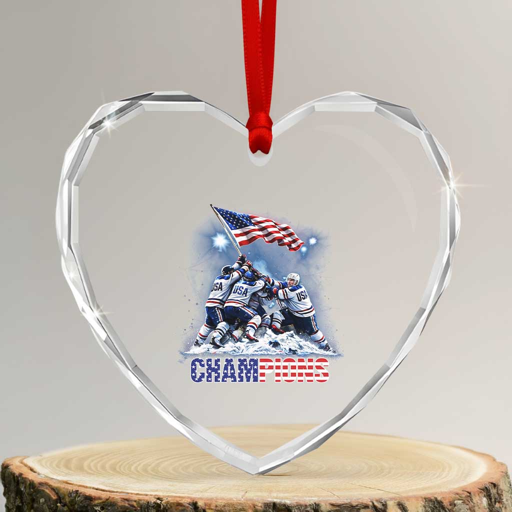 USA Ice Hockey Heart Crystal Glass Ornament Hockey Champions 2026 USA Players Raising Flag On Ice
