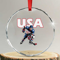 USA Ice Hockey Player Patriotic Graphic Crystal Glass Ornament Red White and Blue American Sports Fan