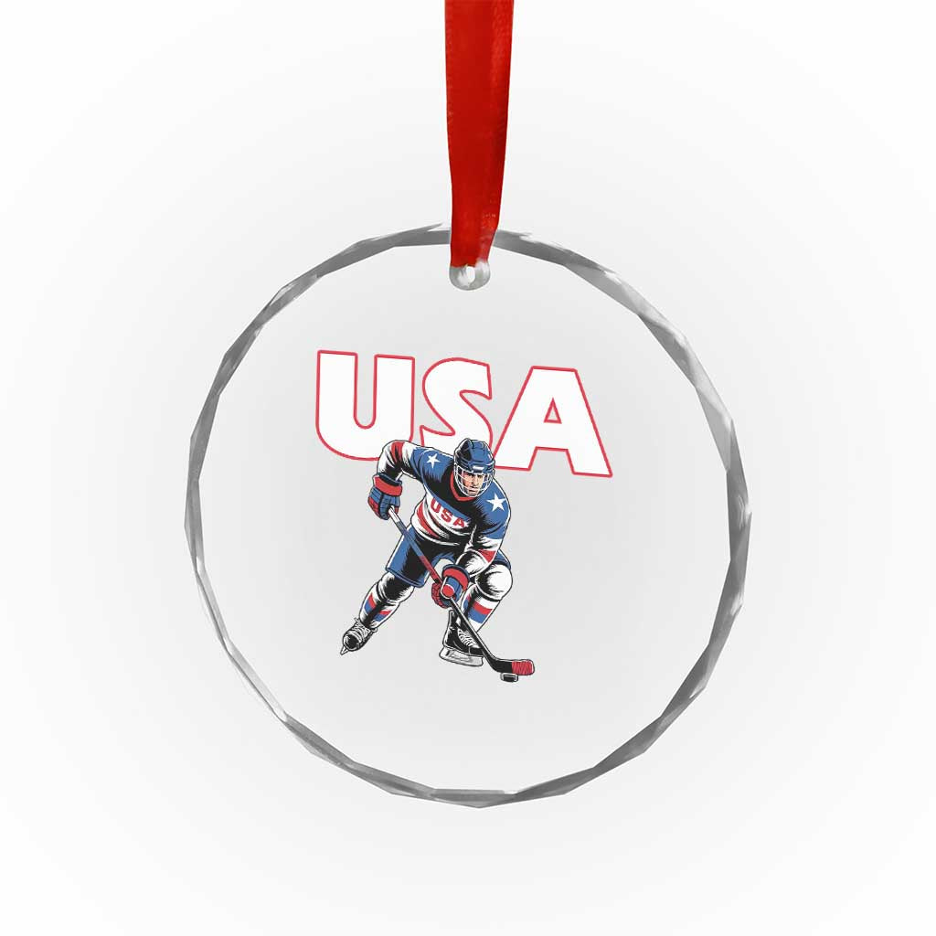 USA Ice Hockey Player Patriotic Graphic Crystal Glass Ornament Red White and Blue American Sports Fan