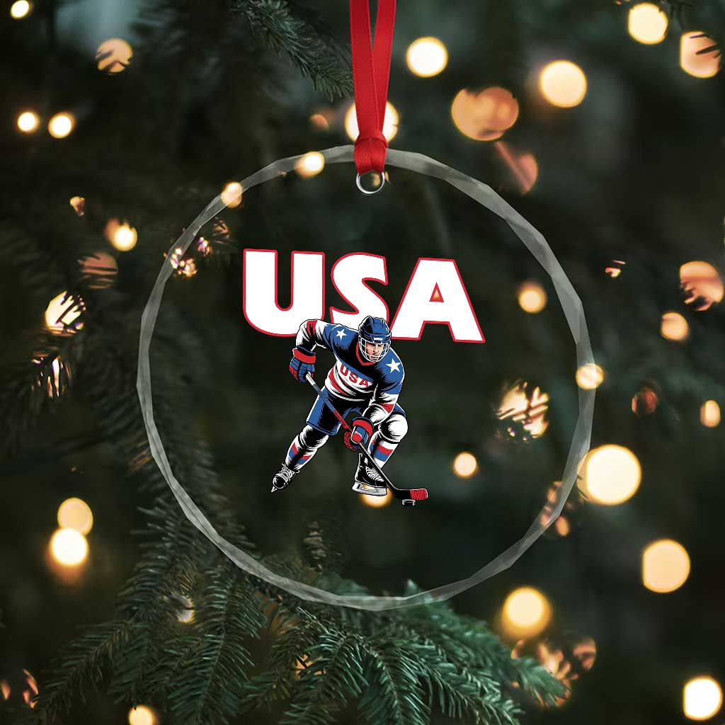 USA Ice Hockey Player Patriotic Graphic Crystal Glass Ornament Red White and Blue American Sports Fan