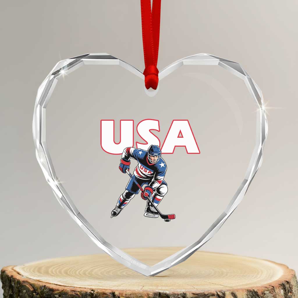 USA Ice Hockey Player Patriotic Graphic Heart Crystal Glass Ornament Red White and Blue American Sports Fan