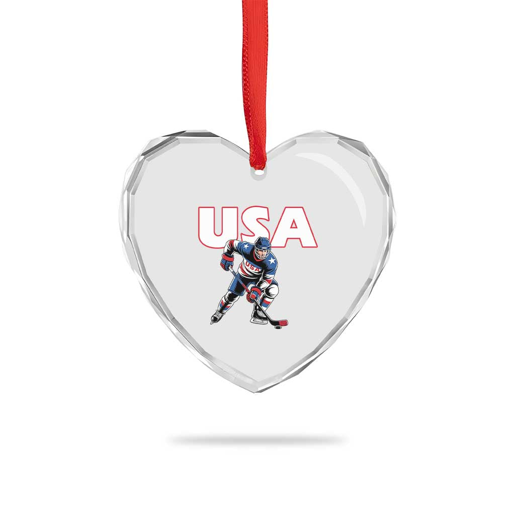 USA Ice Hockey Player Patriotic Graphic Heart Crystal Glass Ornament Red White and Blue American Sports Fan
