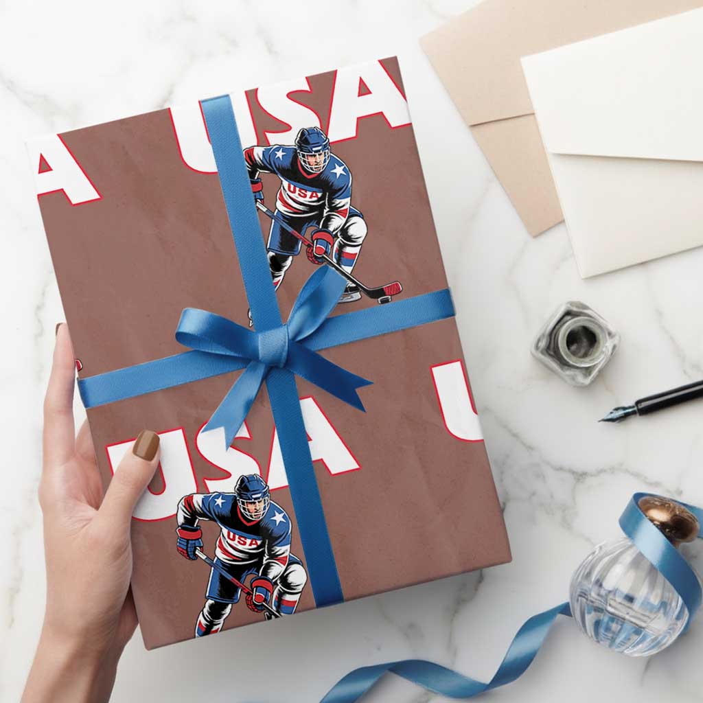USA Ice Hockey Player Patriotic Graphic Wrapping Paper Roll Red White and Blue American Sports Fan