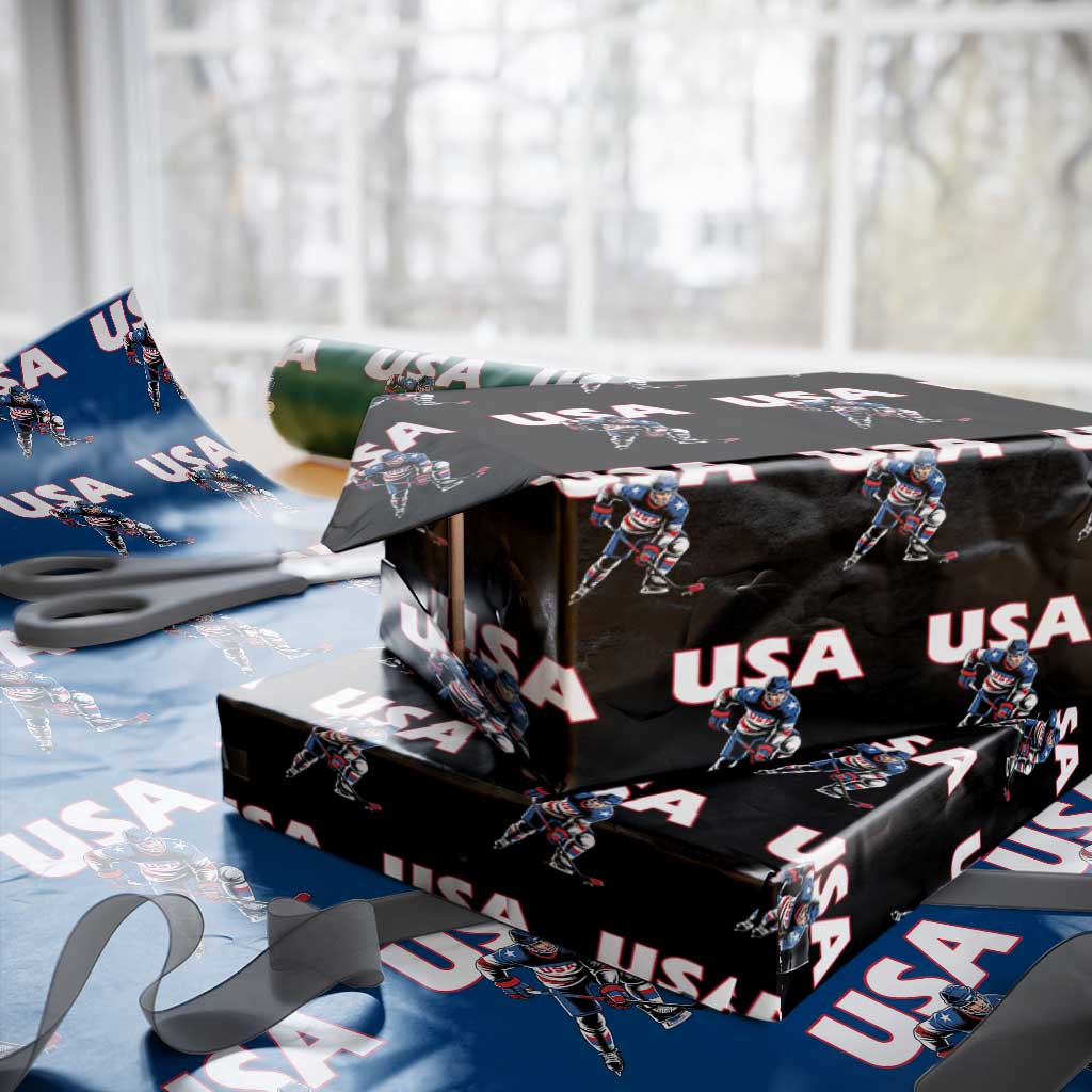 USA Ice Hockey Player Patriotic Graphic Wrapping Paper Roll Red White and Blue American Sports Fan