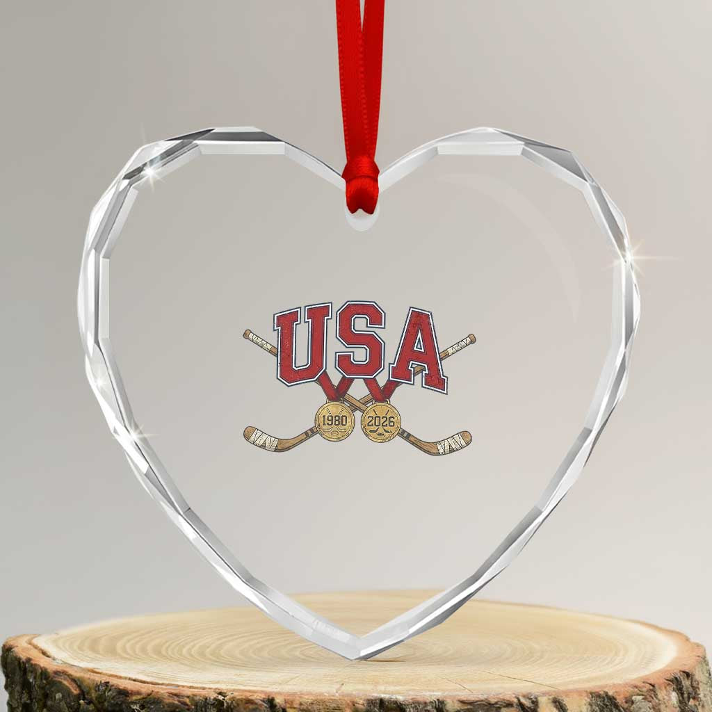 USA Ice Hockey Pride 1980 to 2026 Legacy Heart Crystal Glass Ornament Patriotic American Champions