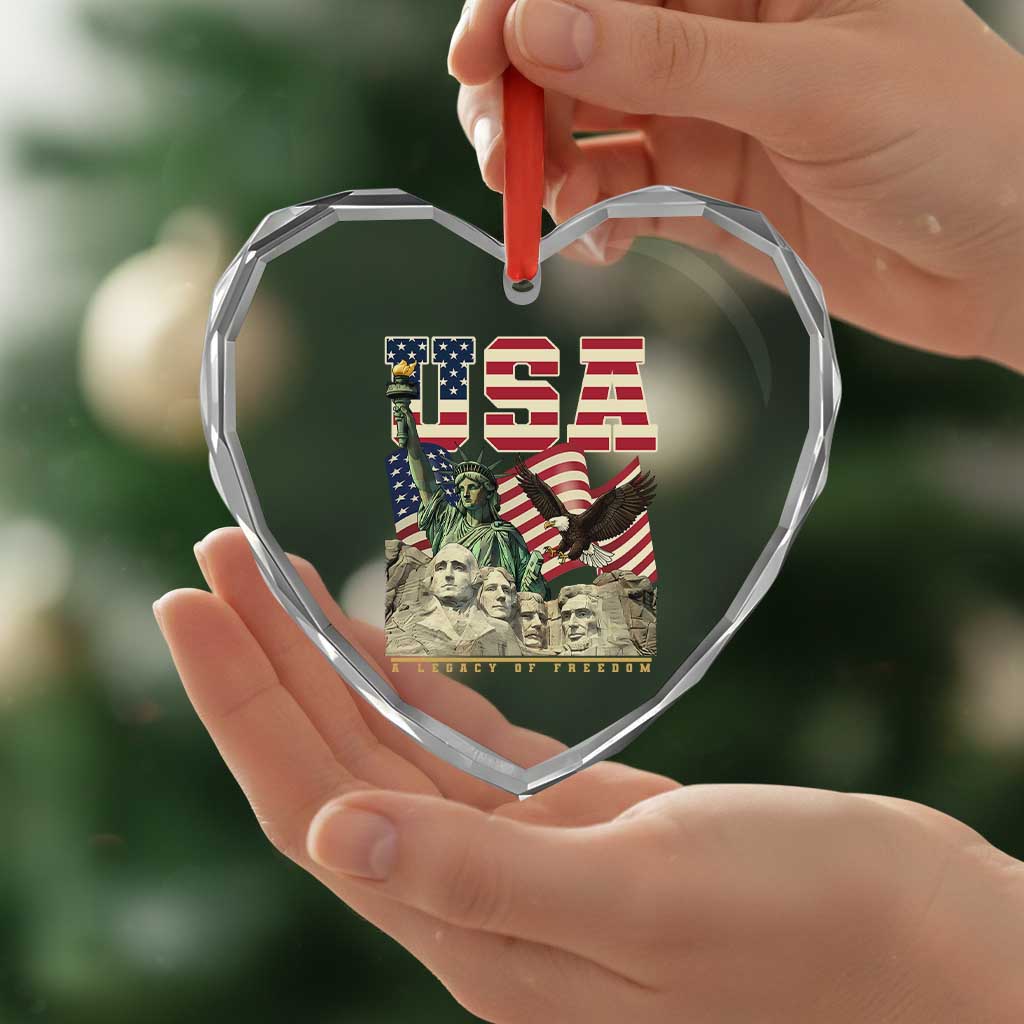 USA Legacy of Freedom Heart Crystal Glass Ornament Patriotic Statue of Liberty Bald Eagle Mount Rushmore Graphic - Wonder Print Shop