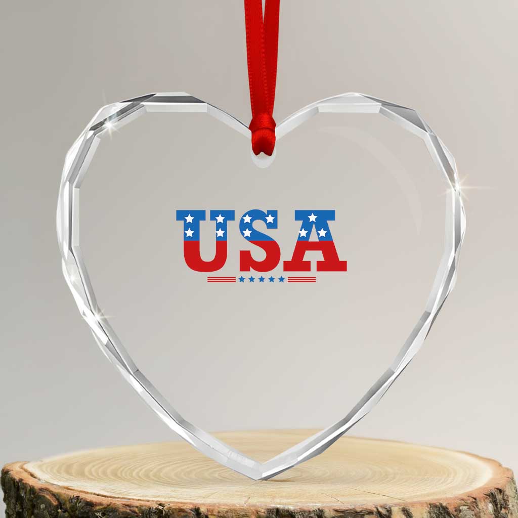 USA Patriotic Heart Crystal Glass Ornament Red White Blue Stars - Wonder Print Shop