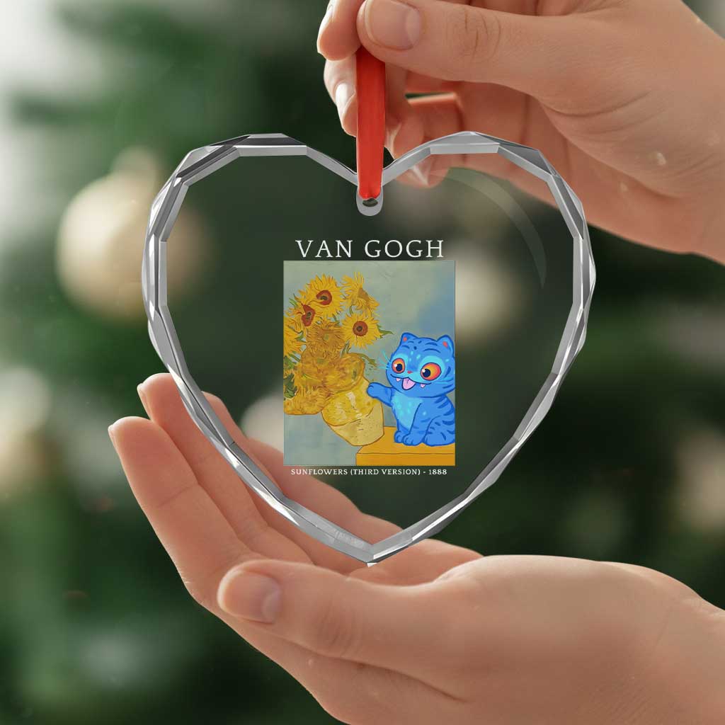 Van Gogh Kpop Fan Heart Crystal Glass Ornament Blue Tiger Vintage Art Sunflower Cat