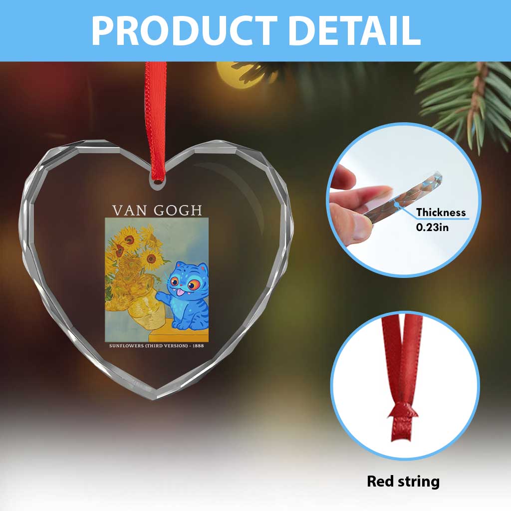 Van Gogh Kpop Fan Heart Crystal Glass Ornament Blue Tiger Vintage Art Sunflower Cat