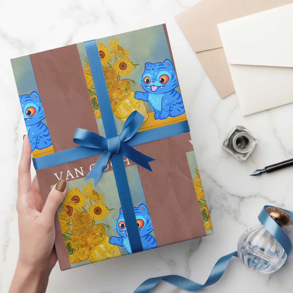 Van Gogh Kpop Fan Wrapping Paper Roll Blue Tiger Vintage Art Sunflower Cat