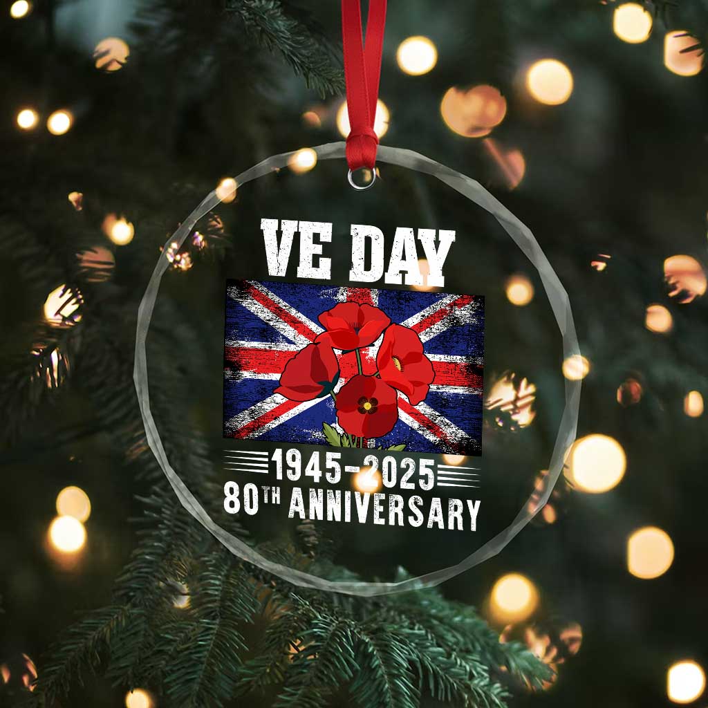 VE Day 80th Anniversary Crystal Glass Ornament 2025 Celebration Union Flag Poppies WWII Remembrance - Wonder Print Shop