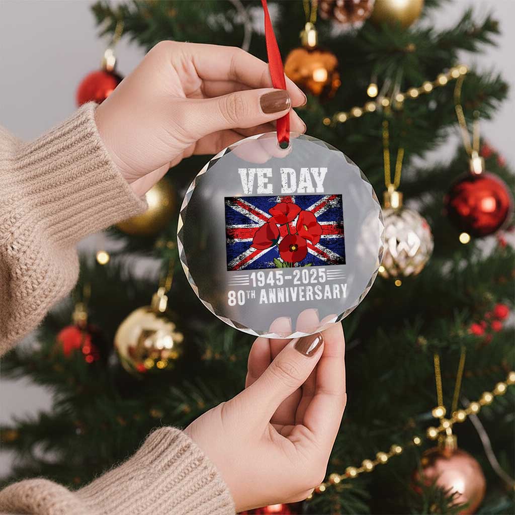 VE Day 80th Anniversary Crystal Glass Ornament 2025 Celebration Union Flag Poppies WWII Remembrance - Wonder Print Shop