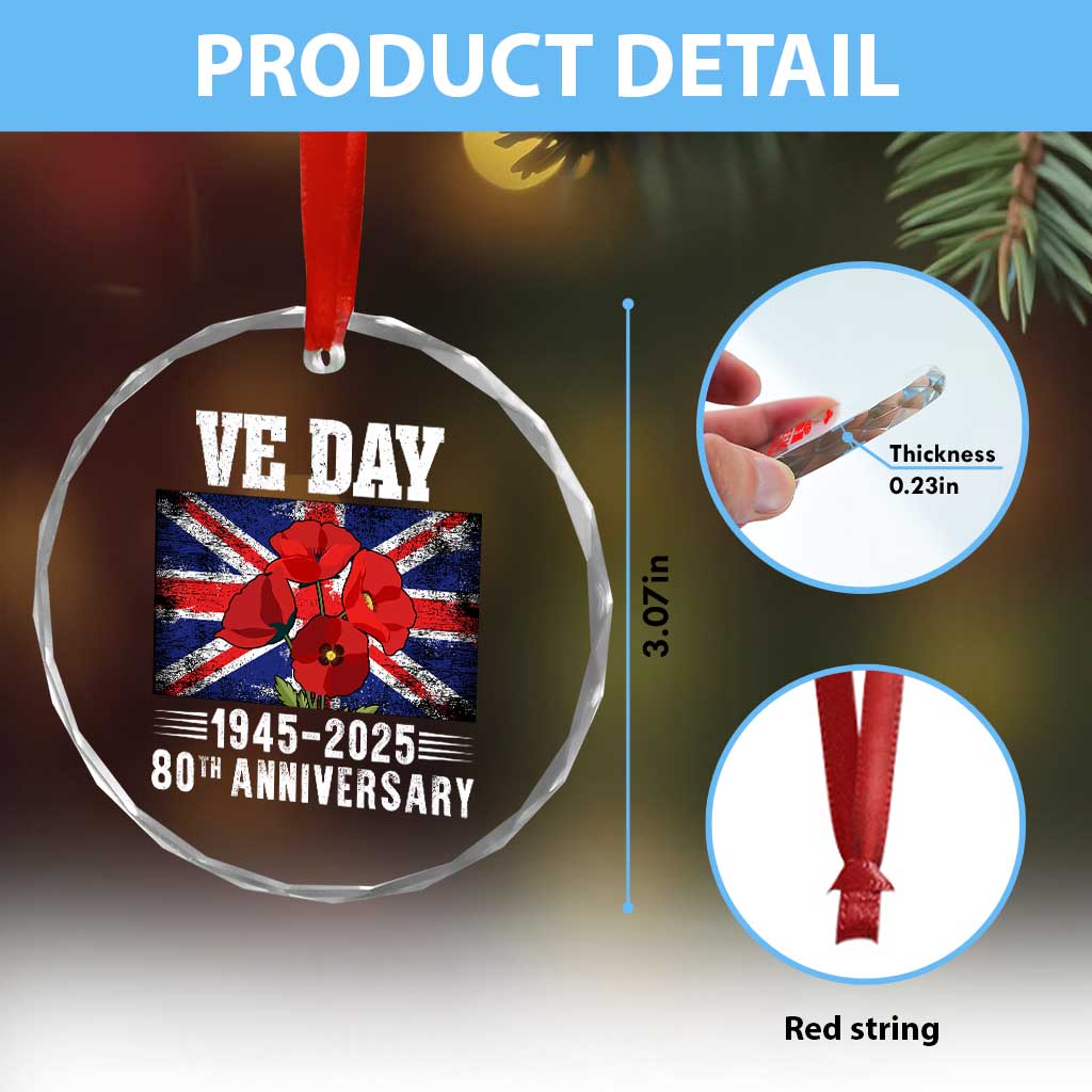 VE Day 80th Anniversary Crystal Glass Ornament 2025 Celebration Union Flag Poppies WWII Remembrance - Wonder Print Shop