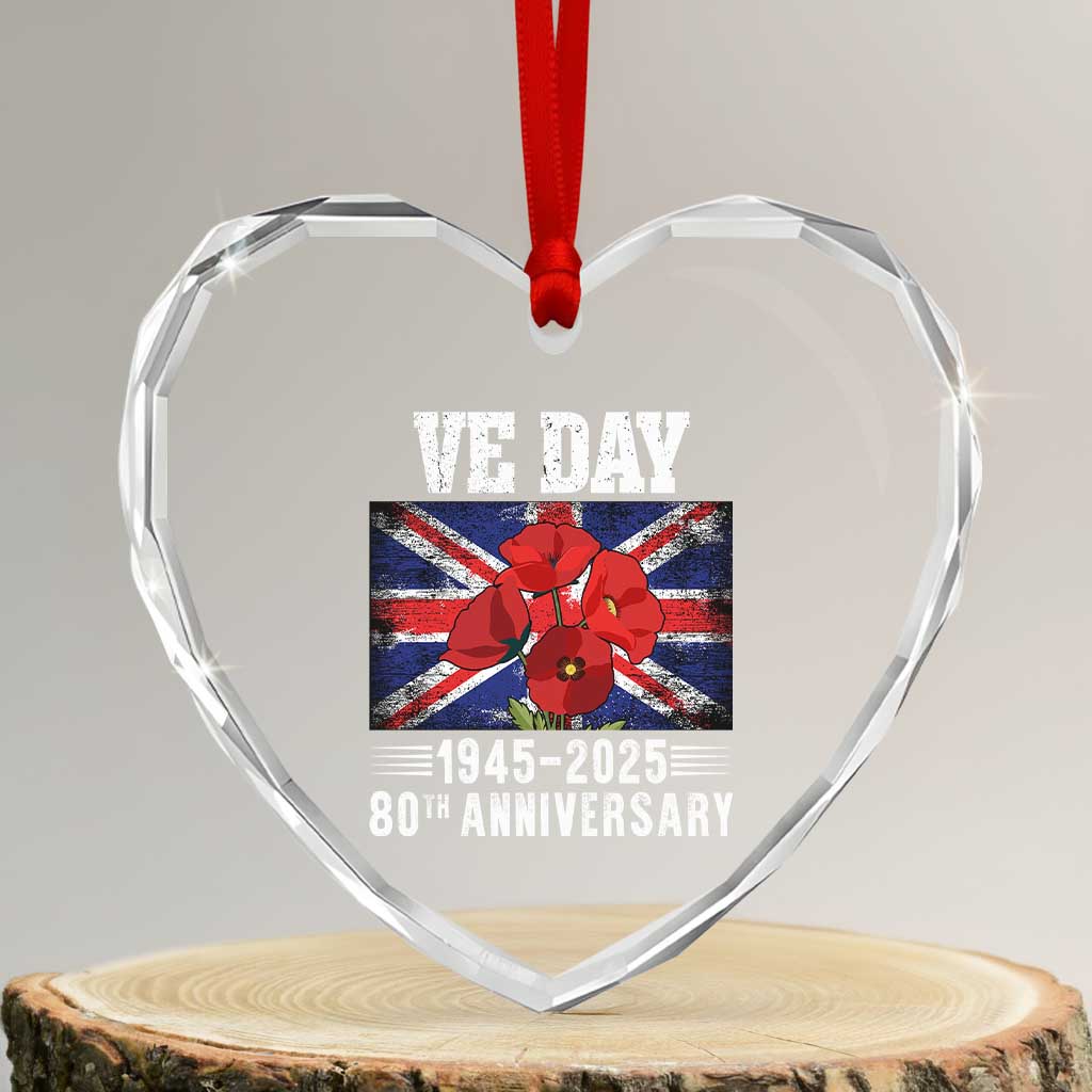 VE Day 80th Anniversary Heart Crystal Glass Ornament 2025 Celebration Union Flag Poppies WWII Remembrance - Wonder Print Shop