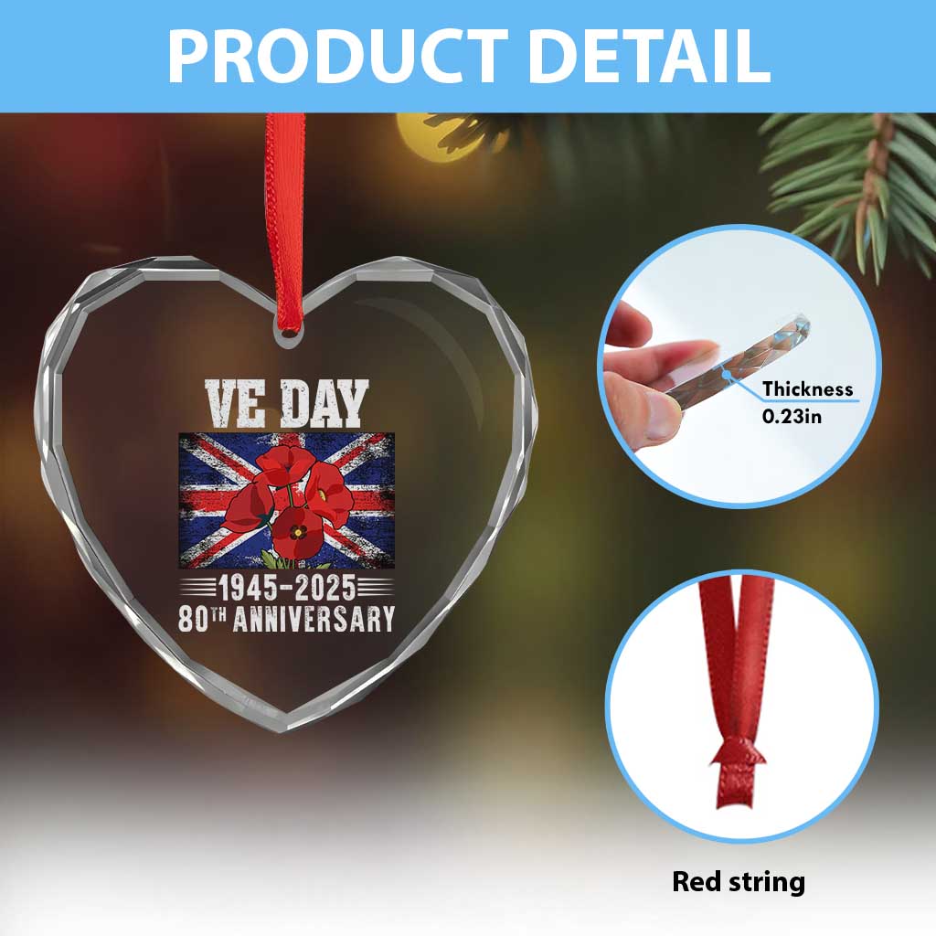 VE Day 80th Anniversary Heart Crystal Glass Ornament 2025 Celebration Union Flag Poppies WWII Remembrance - Wonder Print Shop