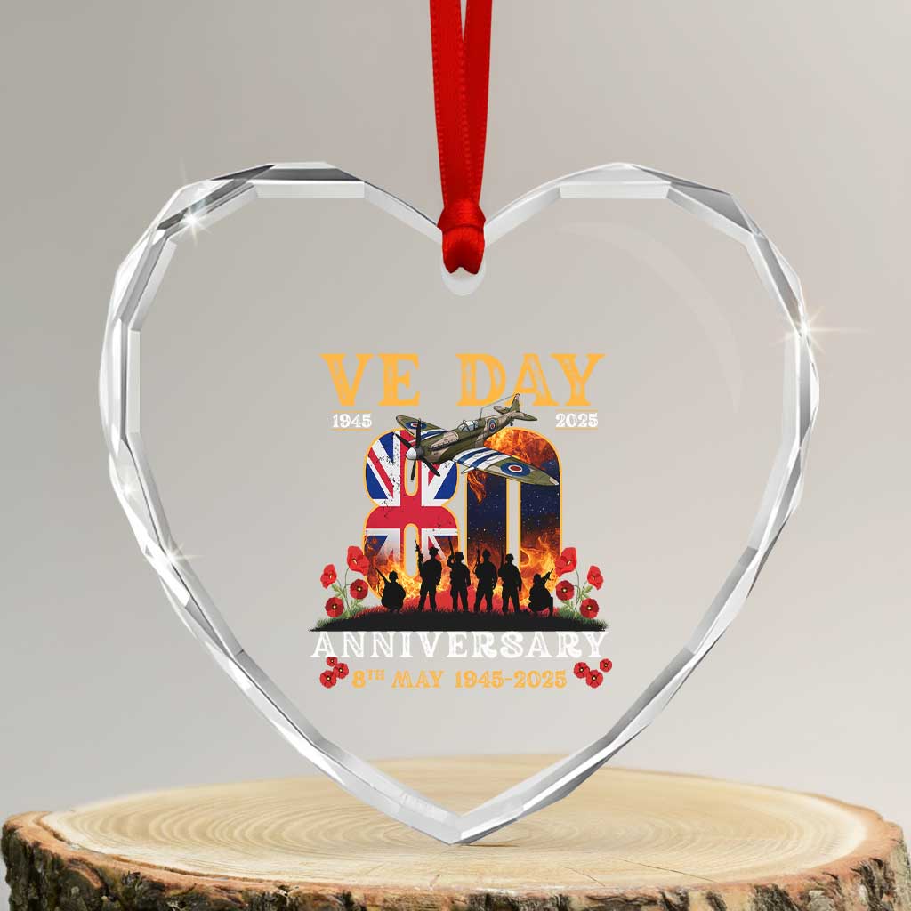 VE Day 80th Anniversary Heart Crystal Glass Ornament 2025 Celebration Union Flag WWII Remembrance - Wonder Print Shop