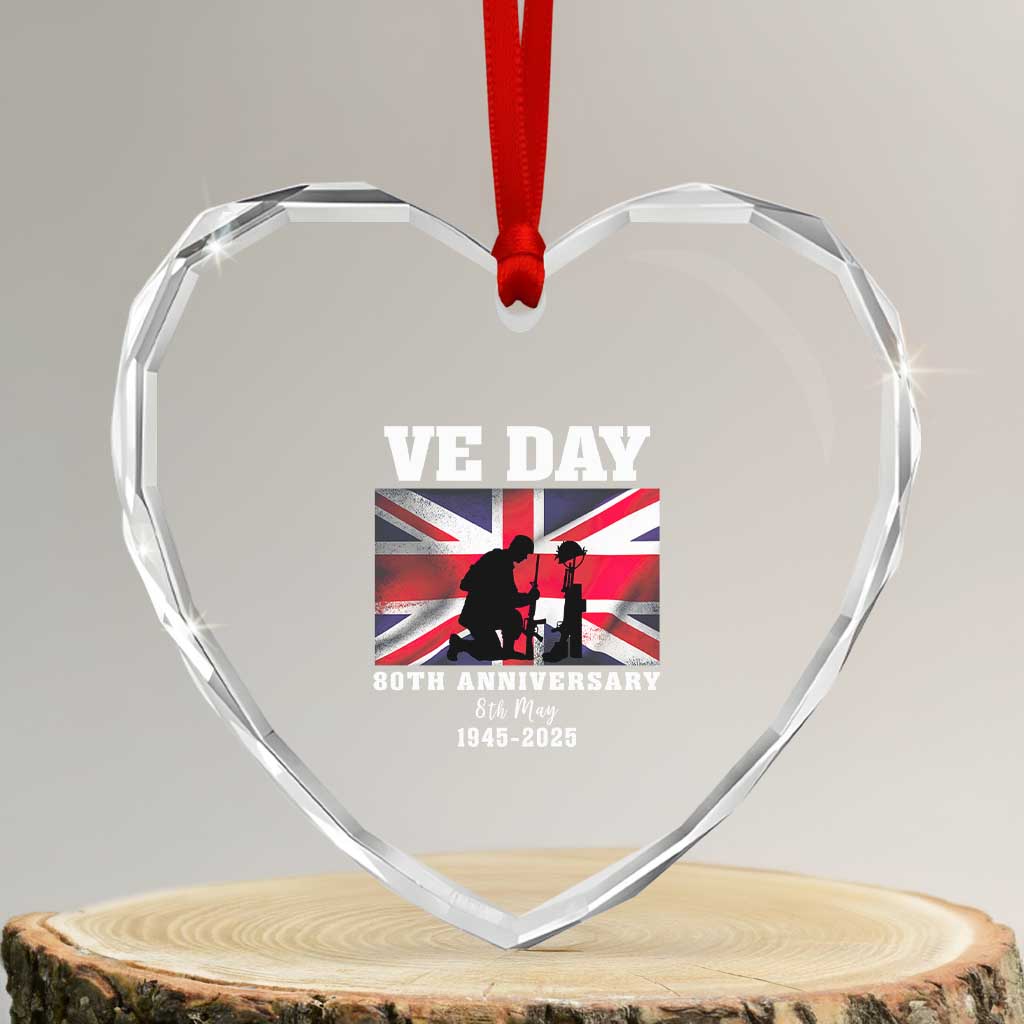 VE Day 80th Anniversary Heart Crystal Glass Ornament Victory in Europe Union Flag WWII Remembrance - Wonder Print Shop