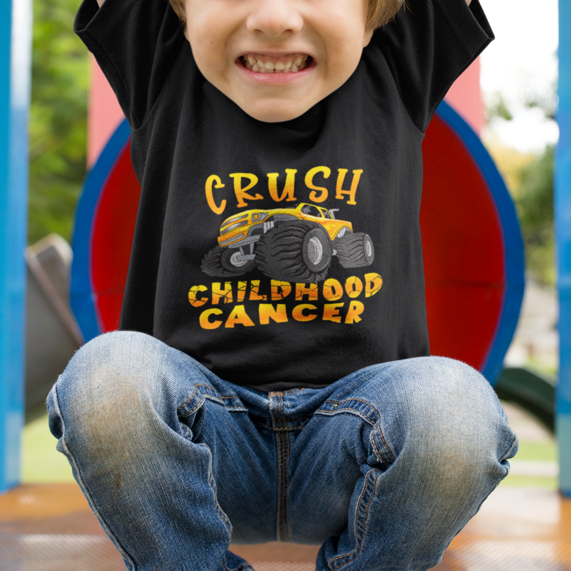 Childhood Cancer Awareness T Shirt For Kid Crush Childhood Cancer Monster Truck Gold Ribbon - Wonder Print Shop