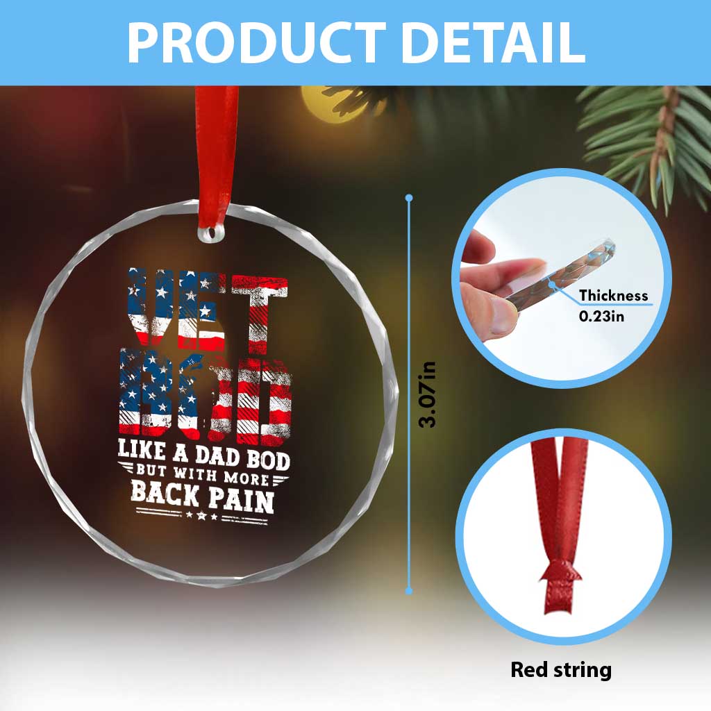 Vet Bod Crystal Glass Ornament Funny Military Veteran Dad Bod American Flag - Wonder Print Shop
