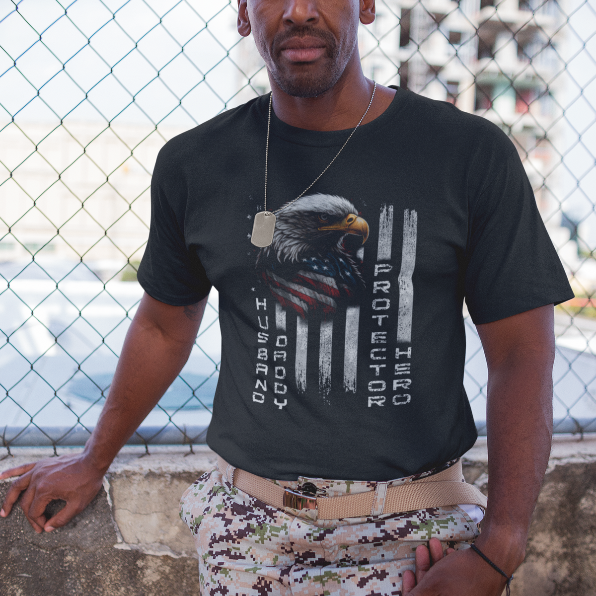 Husband Daddy Protector Hero US Veteran American Flag Eagle T Shirt - Wonder Print Shop