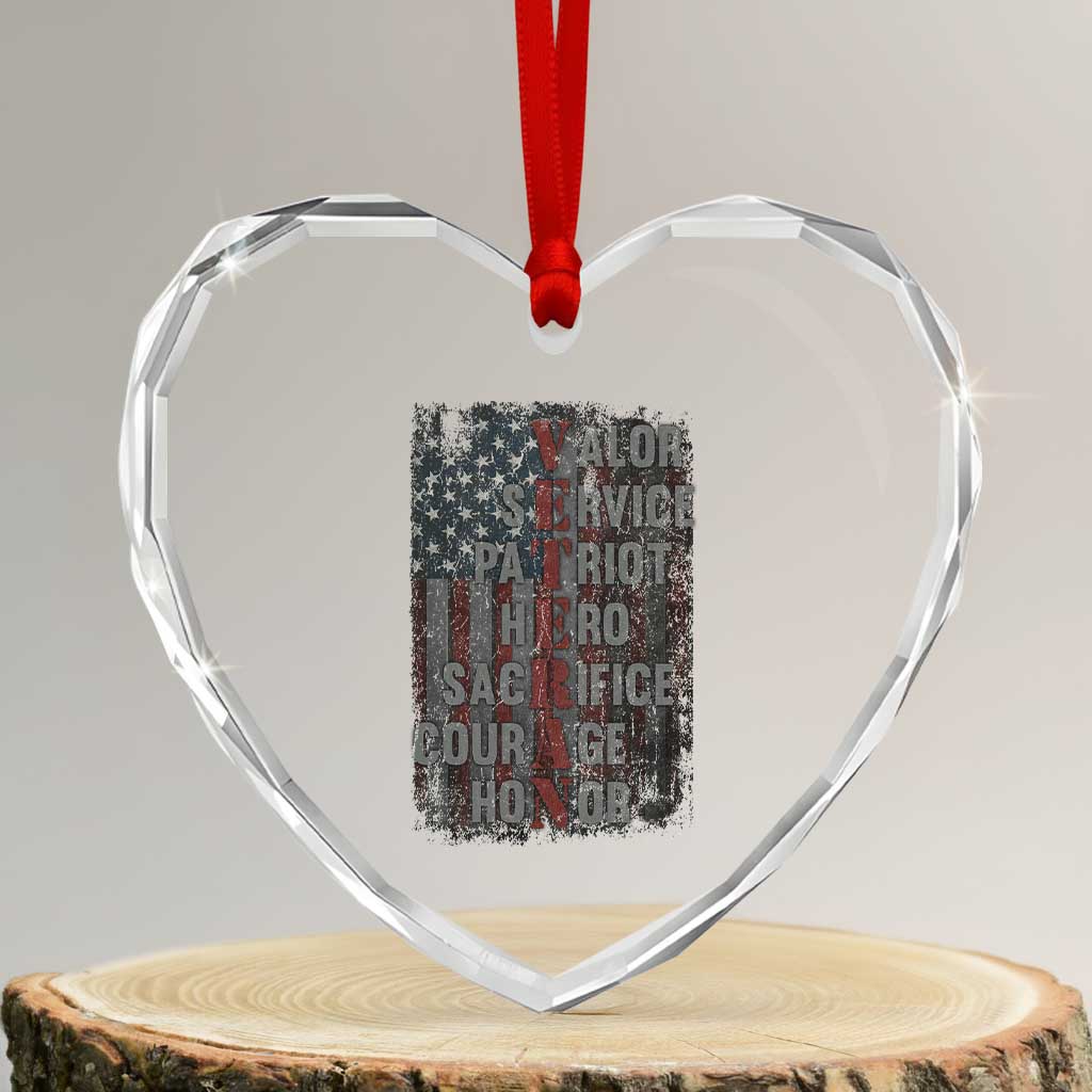 Veterans Valor Service Patriot Hero Sacrifice Courage Honor Heart Crystal Glass Ornament American Flag - Wonder Print Shop