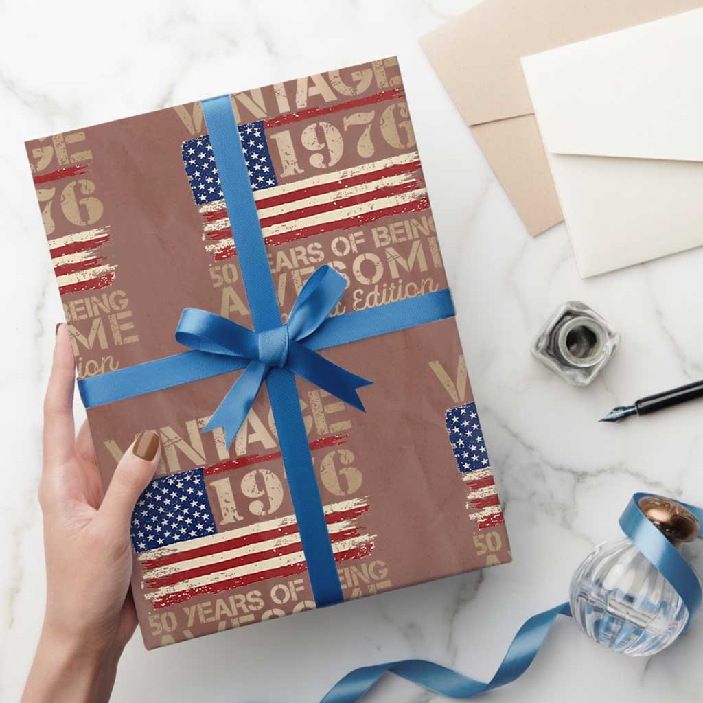 Vintage 1976 Birthday Wrapping Paper Roll 50 Years Of Being Awesome USA Flag