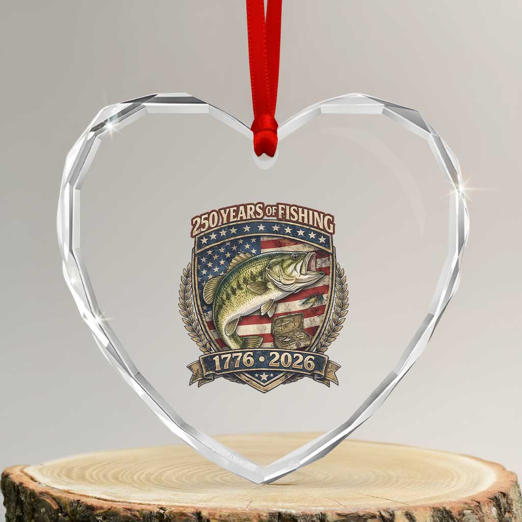 Vintage 250 Years Of Fishing Heart Crystal Glass Ornament American Flag Fisherman