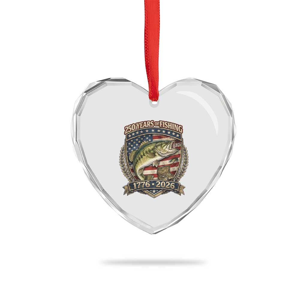 Vintage 250 Years Of Fishing Heart Crystal Glass Ornament American Flag Fisherman