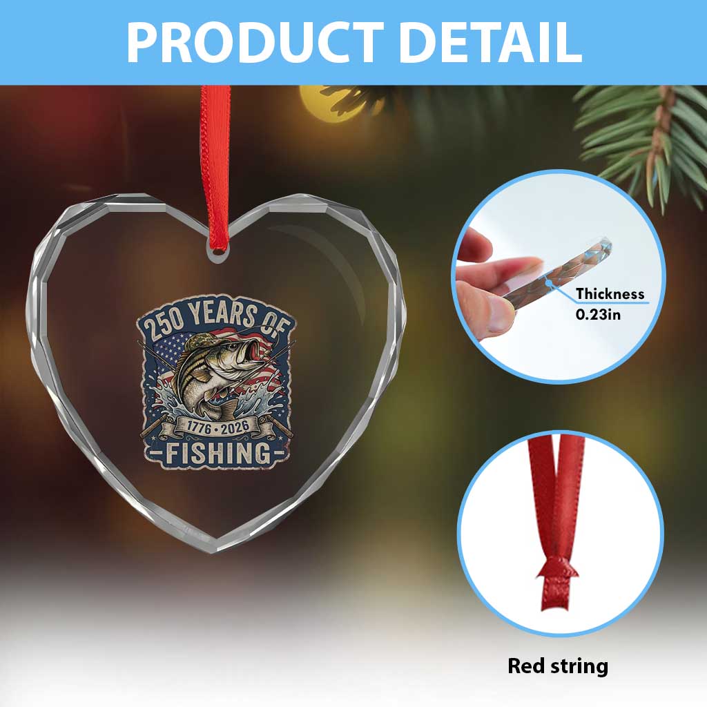 Vintage 250 Years Of Fishing Heart Crystal Glass Ornament Patriotic Angler