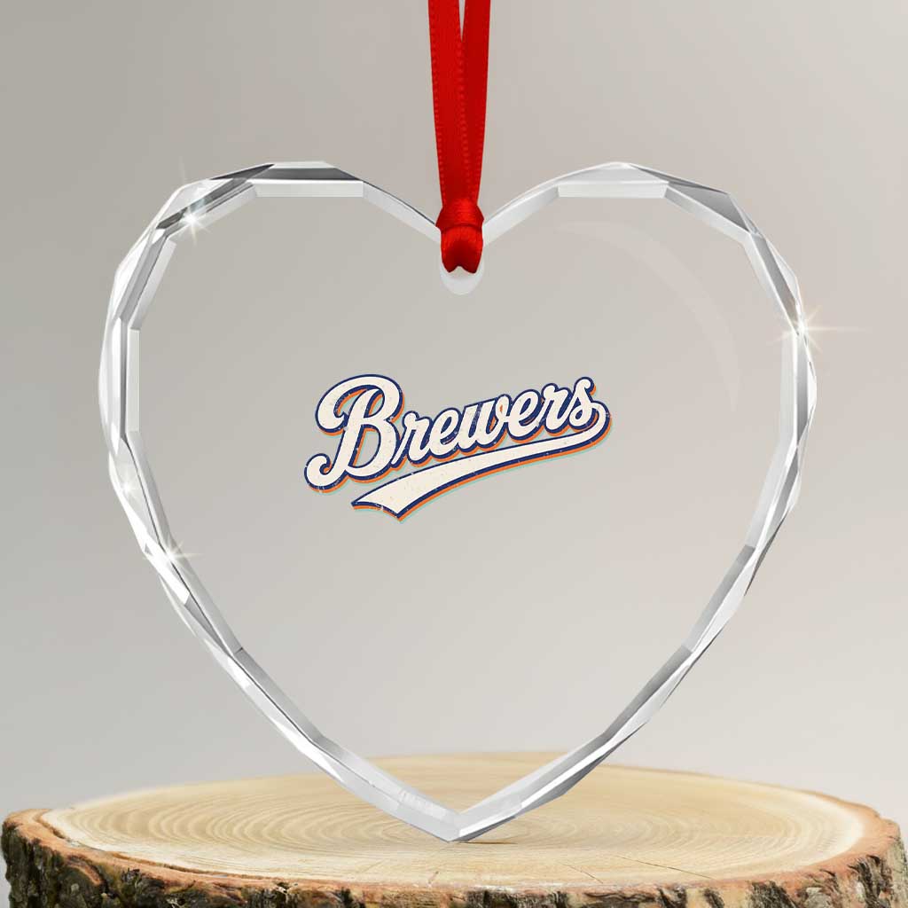 Vintage 70s Brewers Name Script Style Heart Crystal Glass Ornament Retro Distressed Tailgate Spirit Sports Fan