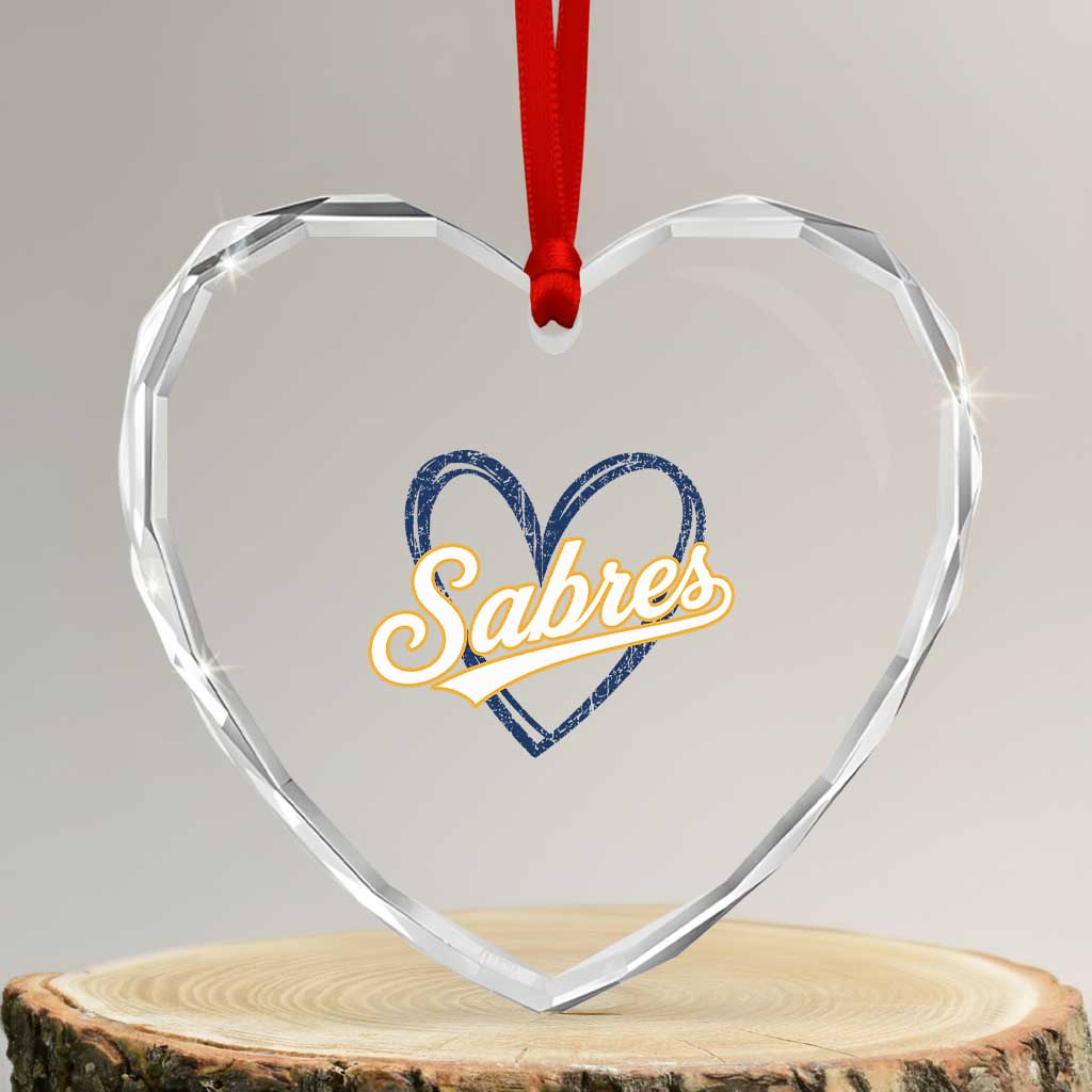 Vintage 70s Sabres Name Heart Script Style Heart Crystal Glass Ornament Retro Distressed Tailgate Spirit Sports Fan