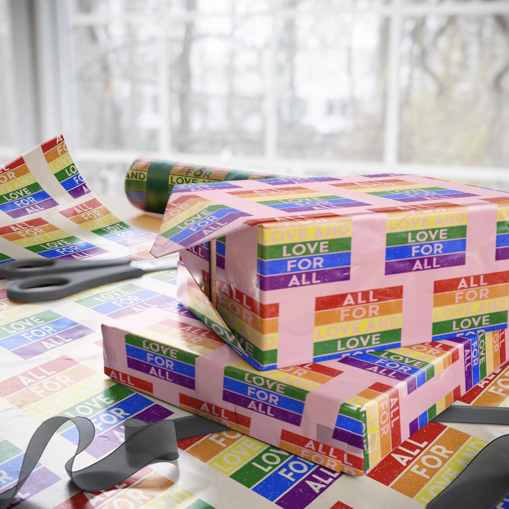 Vintage All For Love And Love For All Wrapping Paper Roll Pride Month Rainbow Graphic