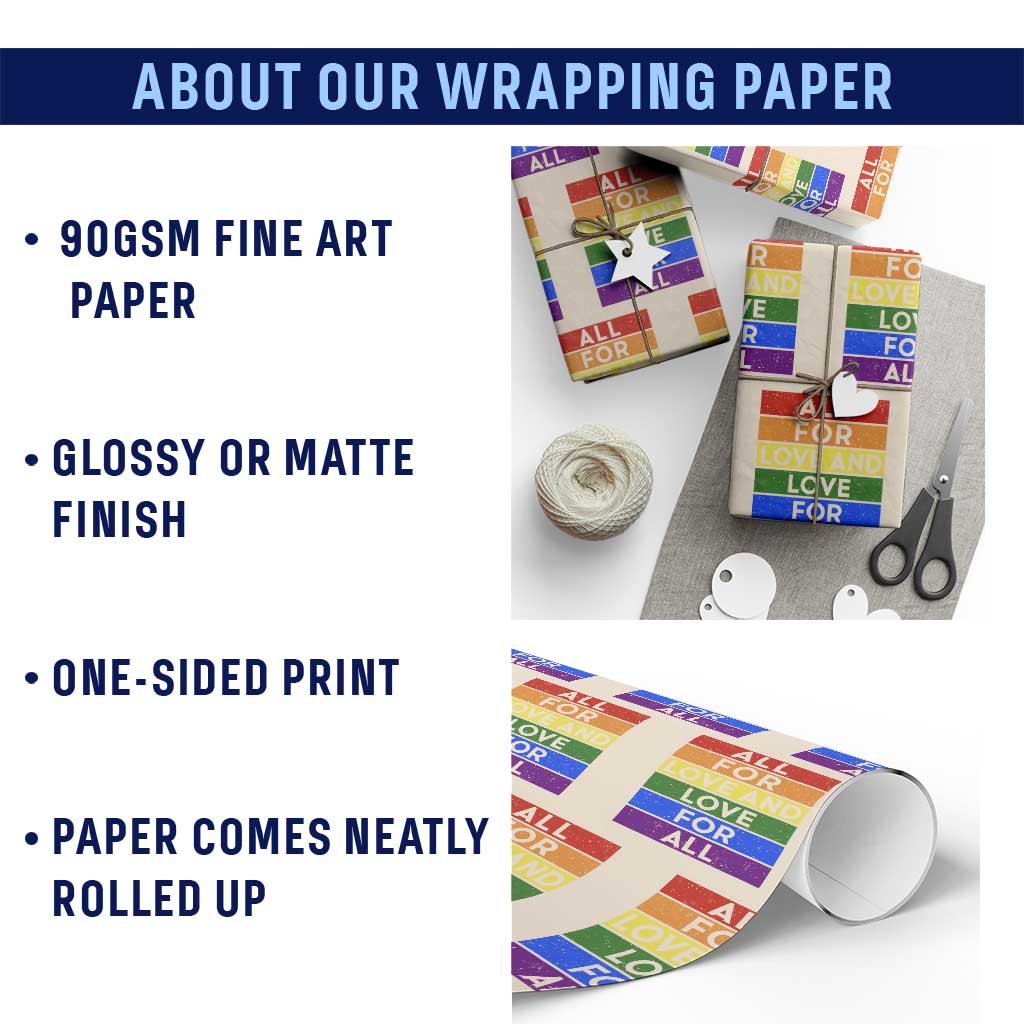 Vintage All For Love And Love For All Wrapping Paper Roll Pride Month Rainbow Graphic