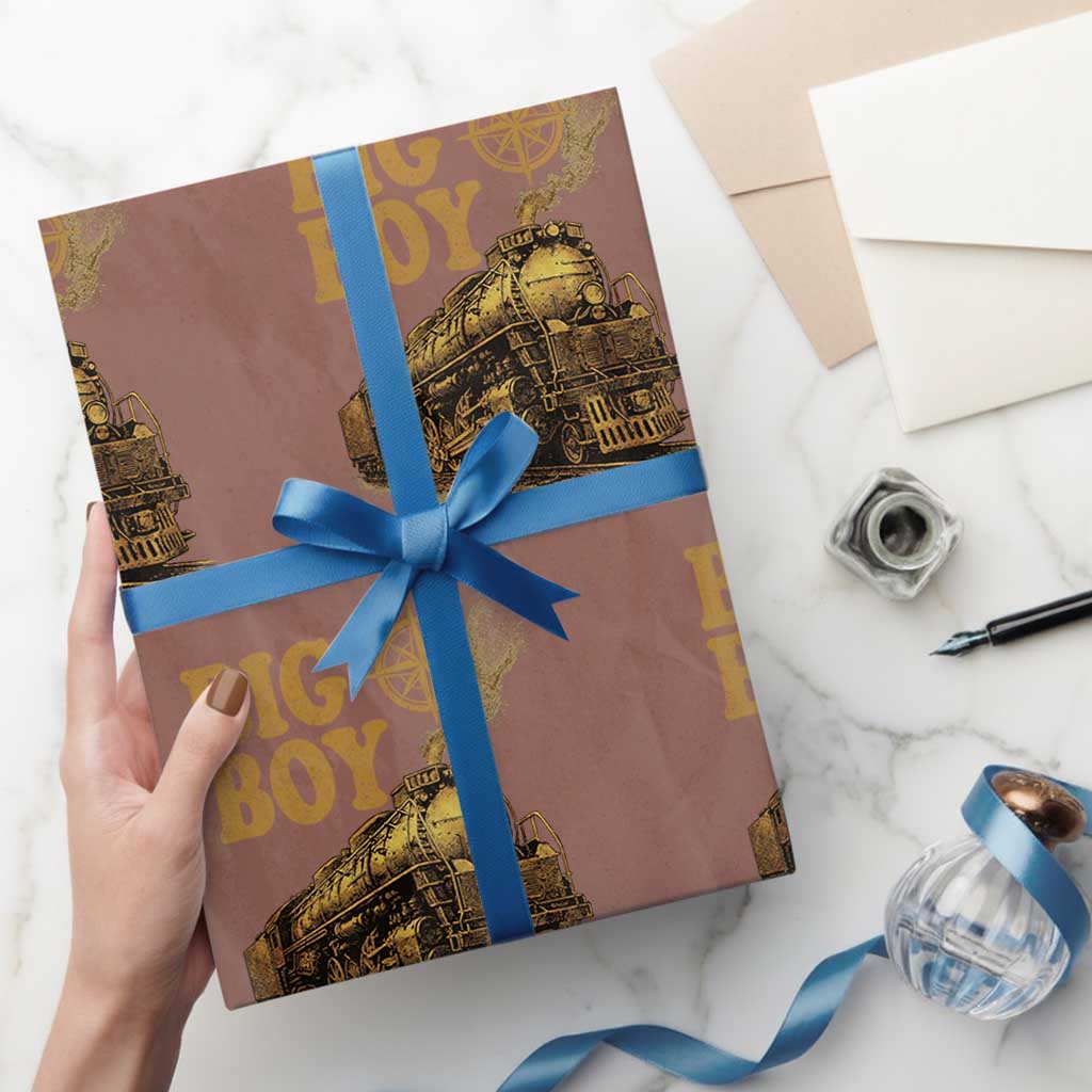 Vintage American Steam Train Locomotive Legend Wrapping Paper Roll Compass Adventure Heritage Pride Graphic