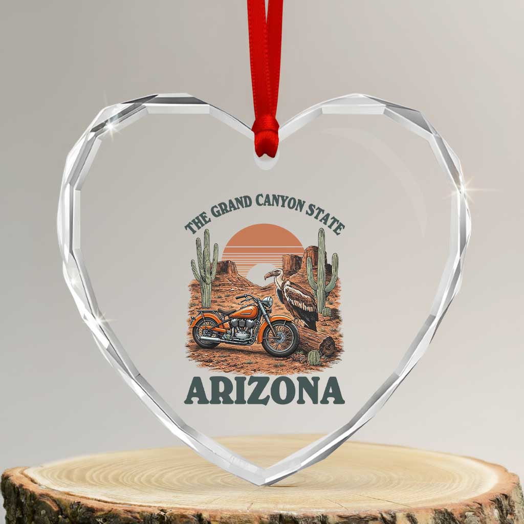 Vintage Arizona Motorcycle Rider Heart Crystal Glass Ornament Desert Cactus Grand Canyon State