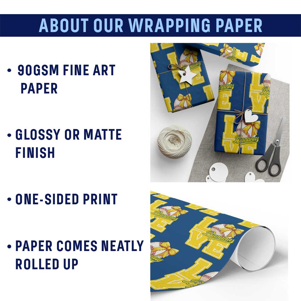 Vintage Banana Coquette Bow Wrapping Paper Roll LOVE Baseball Fan Sport Lover - Wonder Print Shop