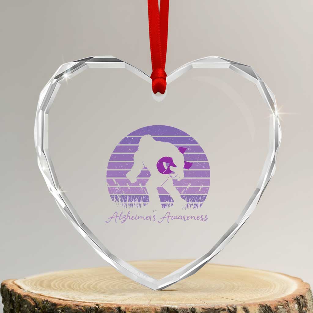 Vintage Bigfoot Alzheimers Awareness Heart Crystal Glass Ornament Purple Ribbon Support Graphic
