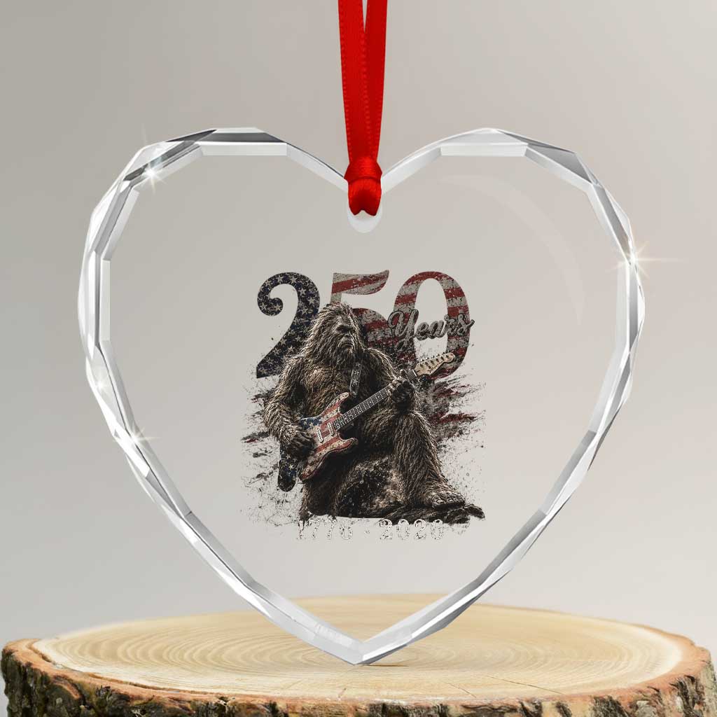 Vintage Bigfoot Playing Guitar 250 Years Heart Crystal Glass Ornament 1776 2026 Bigfoot Patriotic USA Flag Sasquatch