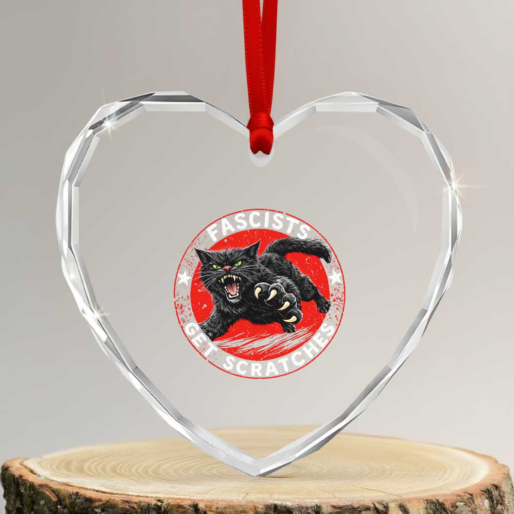 Vintage Black Cat Against Fascists Heart Crystal Glass Ornament