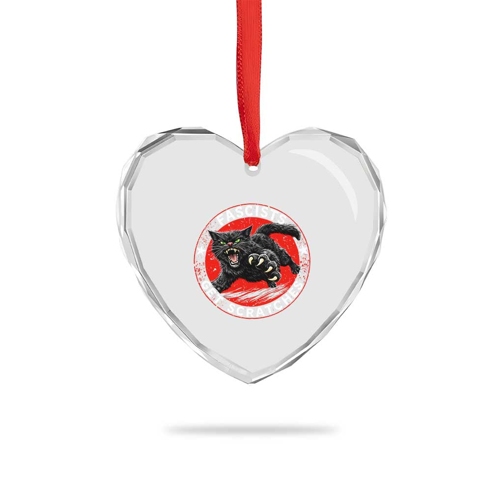 Vintage Black Cat Against Fascists Heart Crystal Glass Ornament
