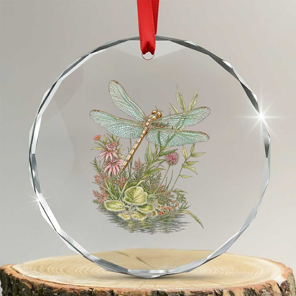 Vintage Botanical Wildflower Dragonfly Crystal Glass Ornament Boho Retro Cottagecore
