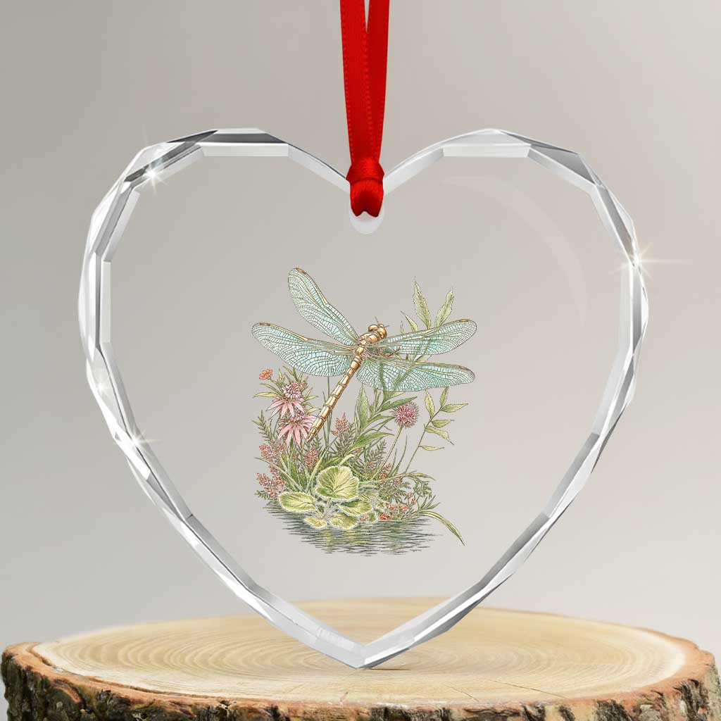 Vintage Botanical Wildflower Dragonfly Heart Crystal Glass Ornament Boho Retro Cottagecore