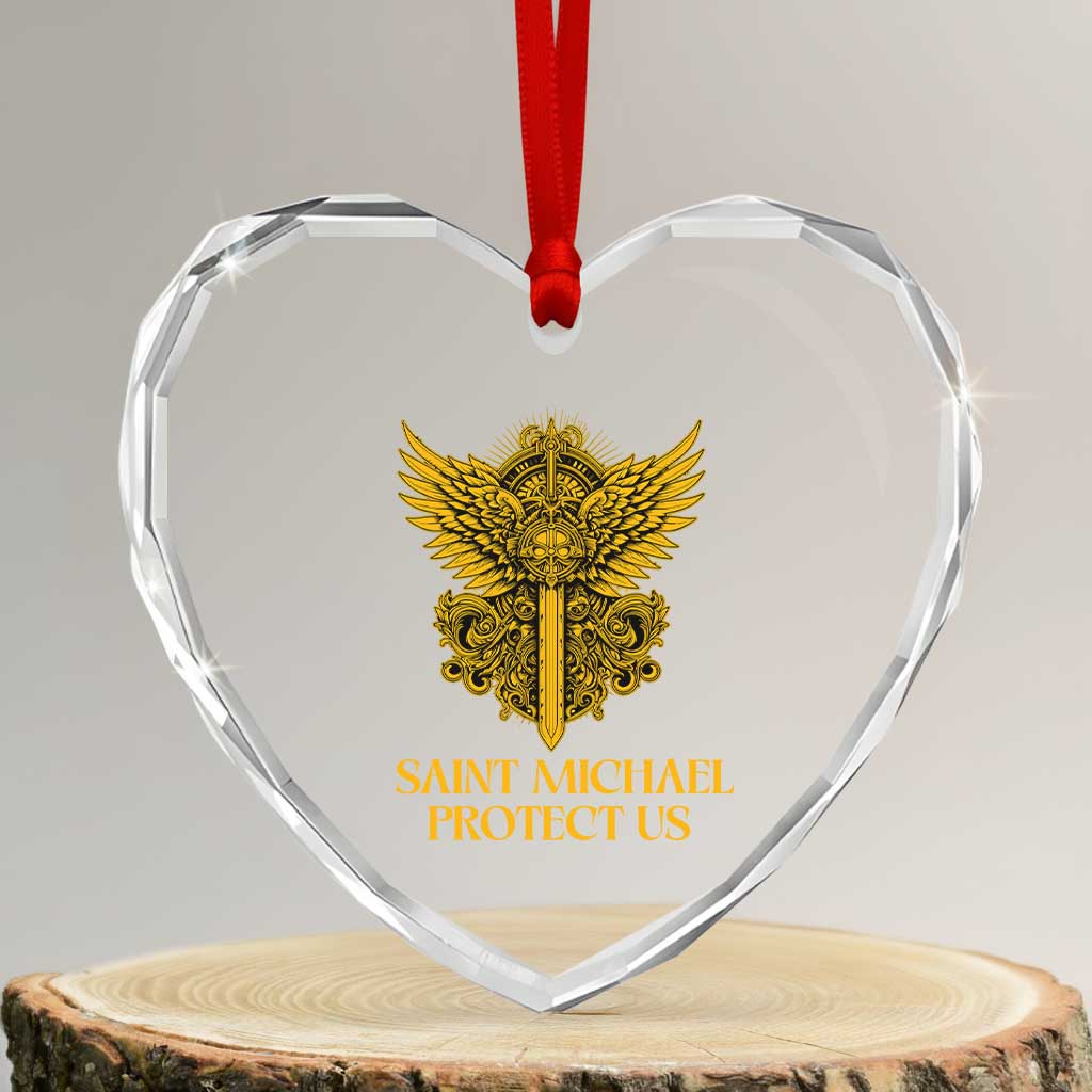 Vintage Catholic Saint Michael Protect Us Heart Crystal Glass Ornament Religious Gift
