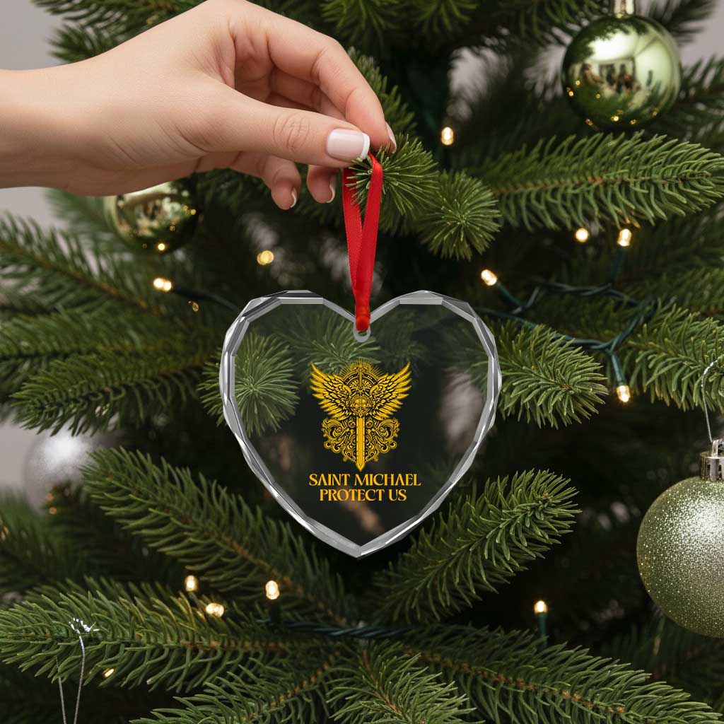 Vintage Catholic Saint Michael Protect Us Heart Crystal Glass Ornament Religious Gift