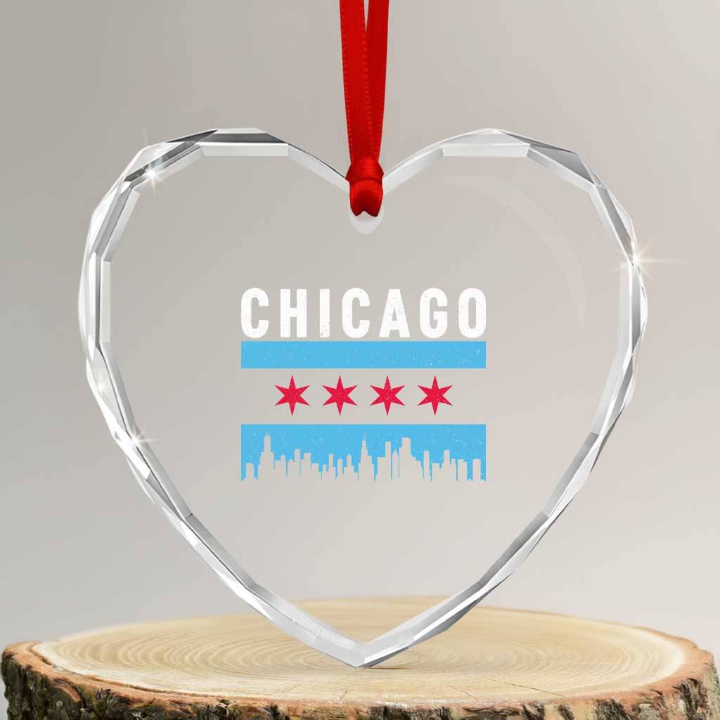 Vintage Chicago City Skyline Flag Heart Crystal Glass Ornament
